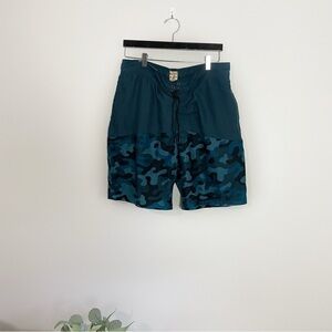 [Redhead] Men's Dark Teal Blue Camo Print Swim Trunk Shorts